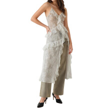 (S, White) Camisola de encaje para mujer, top sin mangas con escote en V y volantes, transparente y largo para verano.