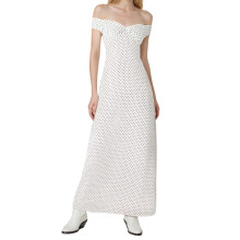(L, White) Robe longue moulante sans manches à épaules dénudées, imprimée à pois, idéale pour soirées et clubs.