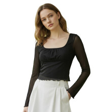 (L, Black) Hauts d'automne femmes, manches longues évasées, col U, coupe ajustée, tendances, chemises courtes
