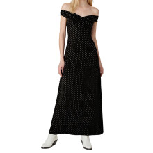 (S, Black) Robe longue moulante sans manches à épaules dénudées, imprimée à pois, idéale pour soirées et clubs.