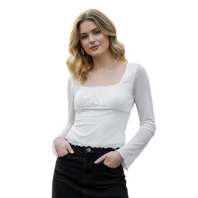 (L, Beige) Hauts d'automne femmes, manches longues évasées, col U, coupe ajustée, tendances, chemises courtes