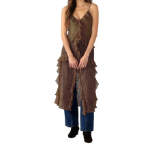(M, Chocolate) Camisola de encaje para mujer, top sin mangas con escote en V y volantes, transparente y largo para verano.
