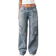 (XL, Blue) Jean déchiré femme, pantalon denim ample à boutons et zip, parfait pour un look décontracté.