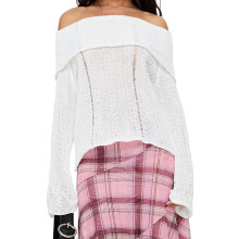 (L, White) Pull femme épaules dénudées, uni, déchiré, manches longues repliées, en maille, tendance automne streetwear