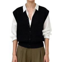 (S, Black) Gilet sans manches en maille pour femme, tendance et polyvalent, couleur unie, col en V, fermeture boutonnée