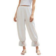 (L, White) Damen-Laternenhose für Frühling/Sommer mit Spitzenbesatz am Beinabschluss, locker geschnitten, weites Bein
