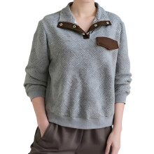 (XL, Gray) Sweat-shirt ample femme, manches longues, col rabattu, style patchwork tendance, parfait pour un look décontracté.