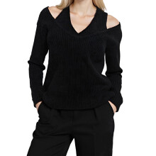 (S, Black) Pull en maille automne-hiver pour femme, manches longues, col halter, épaules dénudées