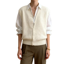 (XL, Milky White) Gilet sans manches en maille pour femme, tendance et polyvalent, couleur unie, col en V, fermeture boutonnée