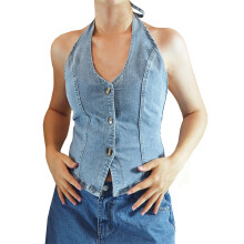 (M, Light Blue) Débardeur dos nu en jean uni pour femme, idéal pour les soirées en boîte de nuit. Haut dos nu à nouer et à nouer.
