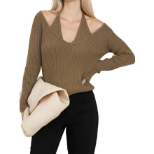 (XL, Brown) Pull en maille automne-hiver pour femme, manches longues, col halter, épaules dénudées