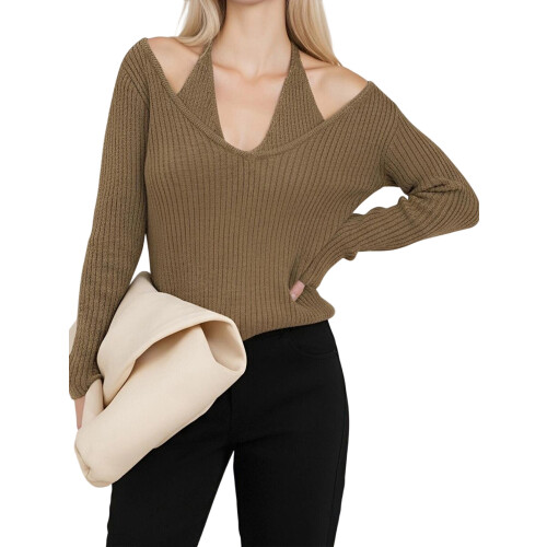 (XL, Brown) Γυναικείο Πλεκτό Πουλόβερ Κρύοι Ώμοι