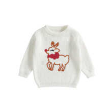 (2-3 Years, White) Weihnachtspullover für Kleinkinder, Rentier-Motiv, langärmelig, Rundhalsausschnitt, gerippt, Strickoberteil