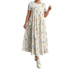 (XL, White) Robe salopette grande taille femme, bretelles à nouer, imprimé floral, style décontracté et mignon