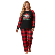 (XXXXL, Black) Pyjama de Noël grande taille pour femme, haut raglan et pantalon élastique à carreaux, parfait pour se détendre.
