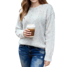 (M, Creamy White) Pull ample d'automne pour femme, à pois colorés, manches longues et col rond.
