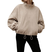(XXL, Khaki) Veste d'automne pour femme, col montant, couleur unie jacquard, manches longues, fermeture éclair, coupe ample