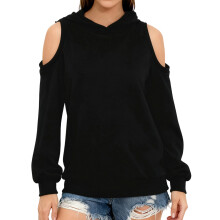 (S, Black) Women's Fall Casual Hoodies Solid Color Long Sleeve Cold Shoulder Loose Sweatshirt Autumn Winter Clothes