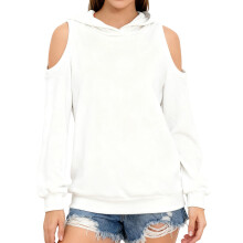 (XXL, White) Sweat décontracté à capuche pour femme, couleur unie, épaules dénudées, manches longues, ample, automne/hiver.