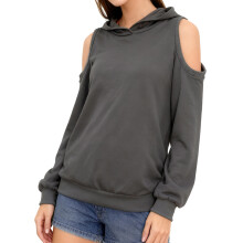 (XXL, Gray) Sweat décontracté à capuche pour femme, couleur unie, épaules dénudées, manches longues, ample, automne/hiver.