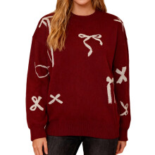 (M, Burgundy) Pull en maille automne-hiver pour femme, manches longues, col rond, imprimé nœud papillon