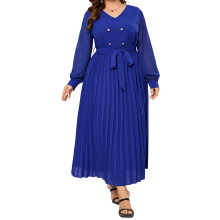(XL, Blue) Robe trapèze longue col V plissée, manches longues, ceinture à nouer et boutons élégants, parfaite pour l'automne.
