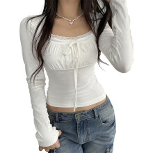 (L, White) Hauts tendance printemps-automne pour femmes, T-shirt blanc à manches longues, bordure en dentelle et fronces à nouer