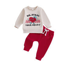 (0-6 Months, Beige) Conjuntos de San Valentín para niño: camiseta de manga larga con corazón y letras y pantalón liso con cordón.