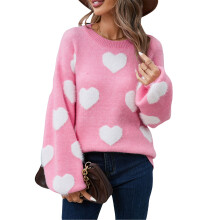 (S, Pink) Pulls mignons pour femmes, décontractés, cœur imprimé, manches longues, chauds, automne, streetwear.
