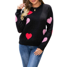 (XL, Black) Pulls à manches longues pour femmes, col rond, imprimé cœur, coupe ample, en maille, parfaits pour la Saint-Valentin