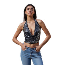(L, Black) Tops de lentejuelas halter para mujer, camisetas de verano con cuello vuelto y espalda descubierta, ropa urbana grunge.