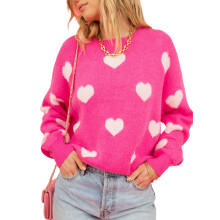 (XL, Rose Red) Pulls mignons pour femmes, décontractés, cœur imprimé, manches longues, chauds, automne, streetwear.
