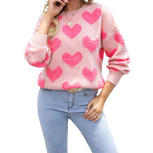 (XL, Pink) Pull ample à manches longues et col rond pour femme, idéal pour la Saint-Valentin. Hauts en maille.