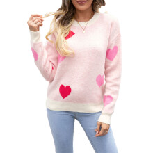 (S, White) Pulls à manches longues pour femmes, col rond, imprimé cœur, coupe ample, en maille, parfaits pour la Saint-Valentin