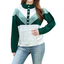 (M, Green) Pull d'automne pour femme, coloris contrastés, col montant, manches longues, maille ample, boutonné