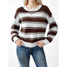 (M, Khaki) Pull rayé en maille pour femme, col rond, manches longues, coupe ample, haut confortable d'automne