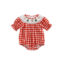 (18-24 Months, Red B) Tyttövauvojen jouluasu, lyhythihainen pyöreä kaula-aukkoinen kirjontaruudullinen vauvan body kesävaatteille
