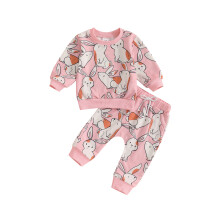 (18-24 Months, Pink) Tacair Fómhair 2 phíosa do Chailíní Óga le Prionta Coinín agus Muinchille Fada, Barr agus Bríste Tarraingthe