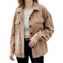 (S, Khaki) Chemise femme, veste à manches longues, col à revers, boutonnée, velours côtelé, manteau décontracté automnal