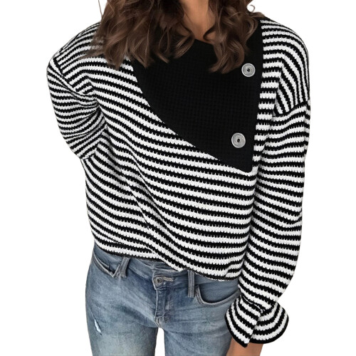 (L, Black) Women's Fall Loose Pullover Stripe Button Decor Long Sleeve Crew Neck Sweatshirt Casual Tops
