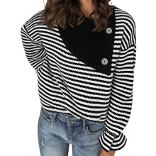 (XXL, Black) Pull ample à rayures et boutons décoratifs pour femme, manches longues, col rond, haut décontracté