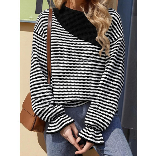(L, Black) Women's Fall Loose Pullover Stripe Button Decor Long Sleeve Crew Neck Sweatshirt Casual Tops 2