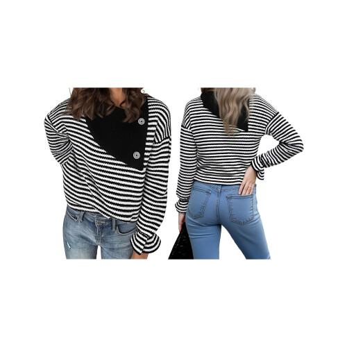 (L, Black) Women's Fall Loose Pullover Stripe Button Decor Long Sleeve Crew Neck Sweatshirt Casual Tops 1