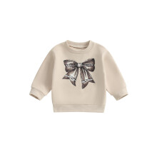 (18-24 Months, Beige) Sweatshirts für Kleinkinder, Mädchen, süßer Schleifenprint, Langarm, Rundhalsausschnitt, Pullover, Frühling/Herbst