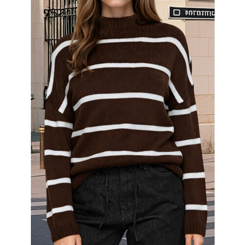 (M, Dark Brown) Γυναικεία Πλεκτά Πουλόβερ Στρογγυλή Λαιμόκοψη 2
