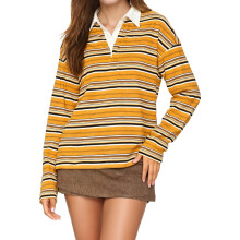 (S, Mixed Color) Dames T-shirt, lange mouwen, omgeslagen kraag, losse pasvorm, casual gestreepte top voor de herfst, streetwear