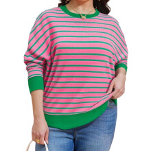 (XXL, Pink) Sudadera de manga larga, cuello redondo y rayas, talla grande, para mujer, ideal para primavera.