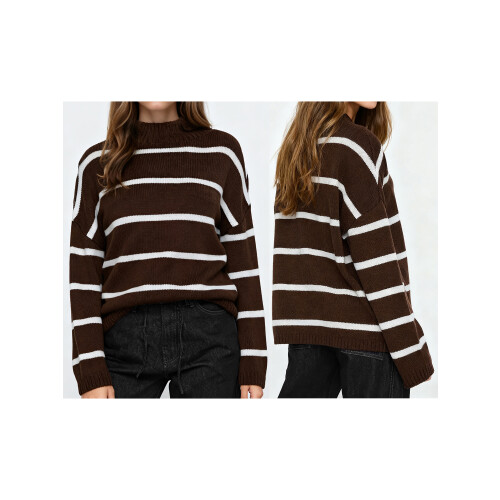 (L, Dark Brown) Γυναικεία Πλεκτά Πουλόβερ Στρογγυλή Λαιμόκοψη 1