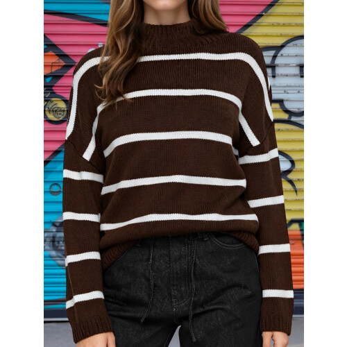 (L, Dark Brown) Γυναικεία Πλεκτά Πουλόβερ Στρογγυλή Λαιμόκοψη 2