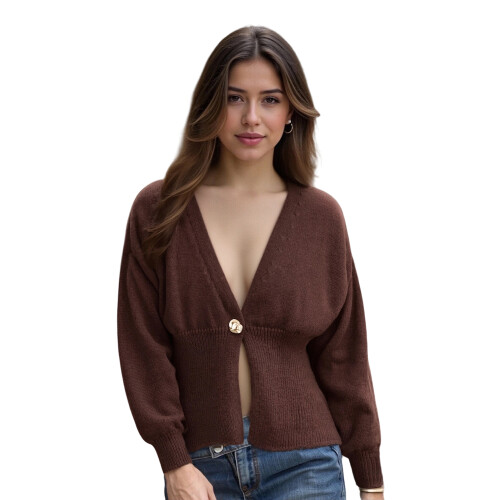 (L, Dark Brown) Γυναικείο Φθινοπωρινό Πουλόβερ Μονόχρωμο Πλεκτό